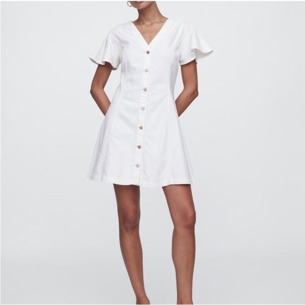 Gap White Denim Flutter Sleeve Button Front Mini Dress NWT Size M